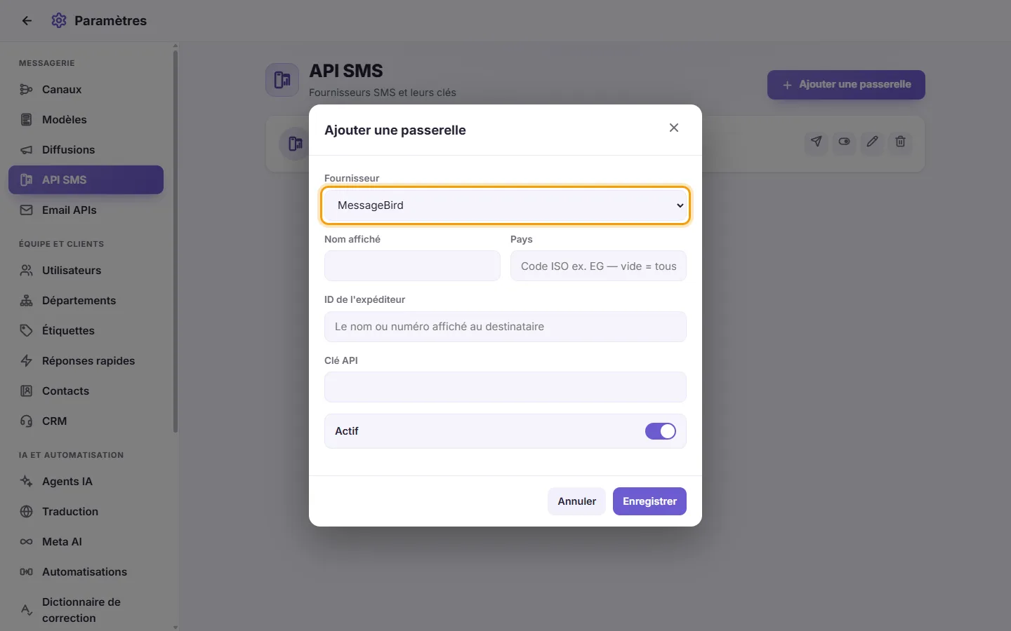 The new SMS gateway window: the provider first, then the country, keys and sender
