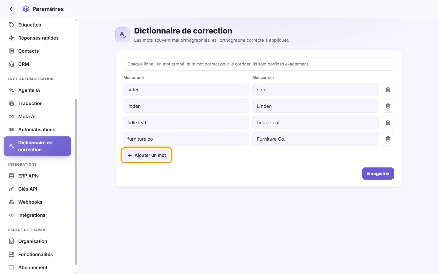 Settings, Correction dictionary: the wrong words and their corrections, and the "Add word" button