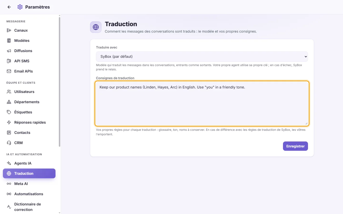 Settings, Translation: the "Translation instructions" box with an example rule