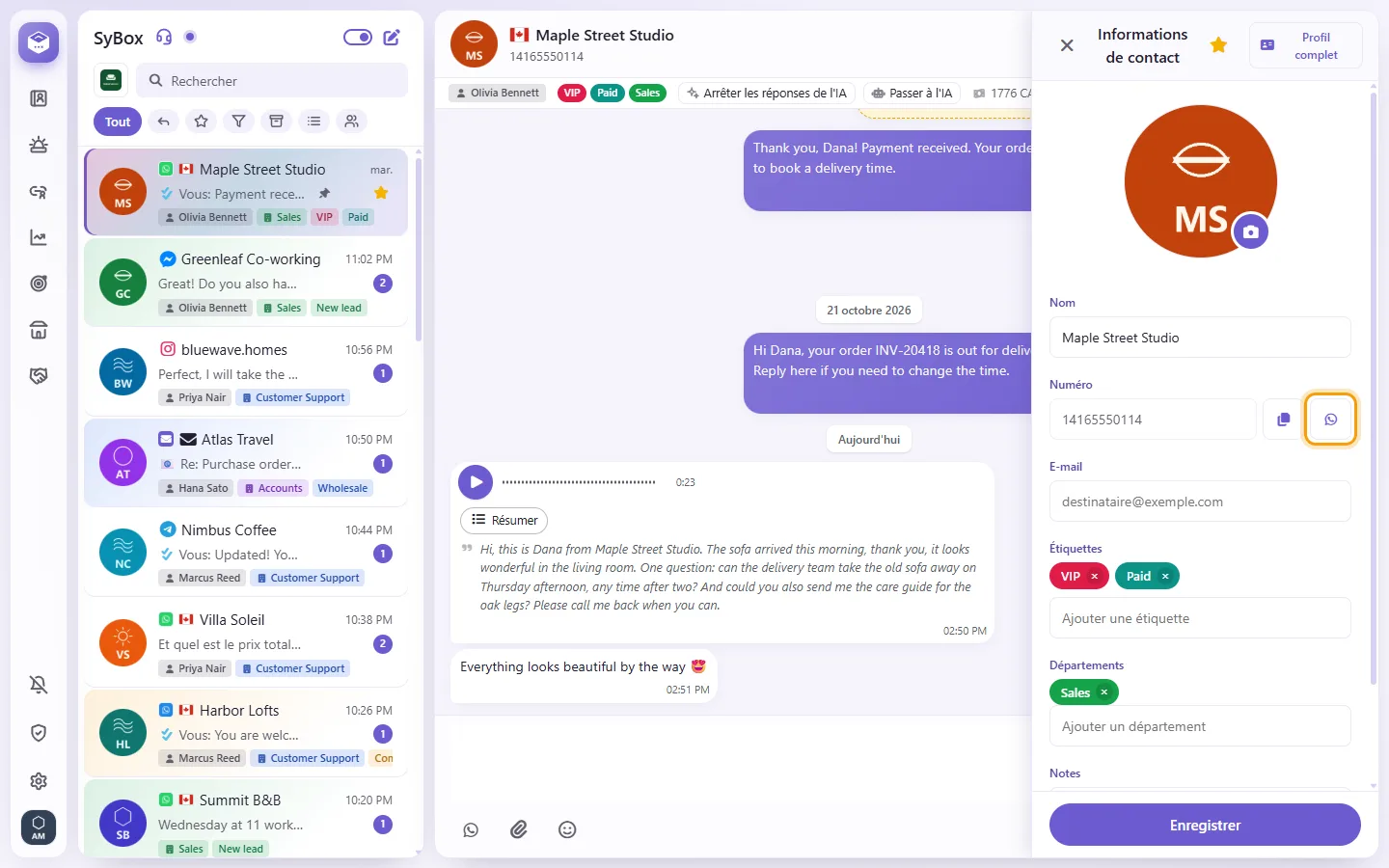 The contact panel: "WhatsApp call" beside the customer's number
