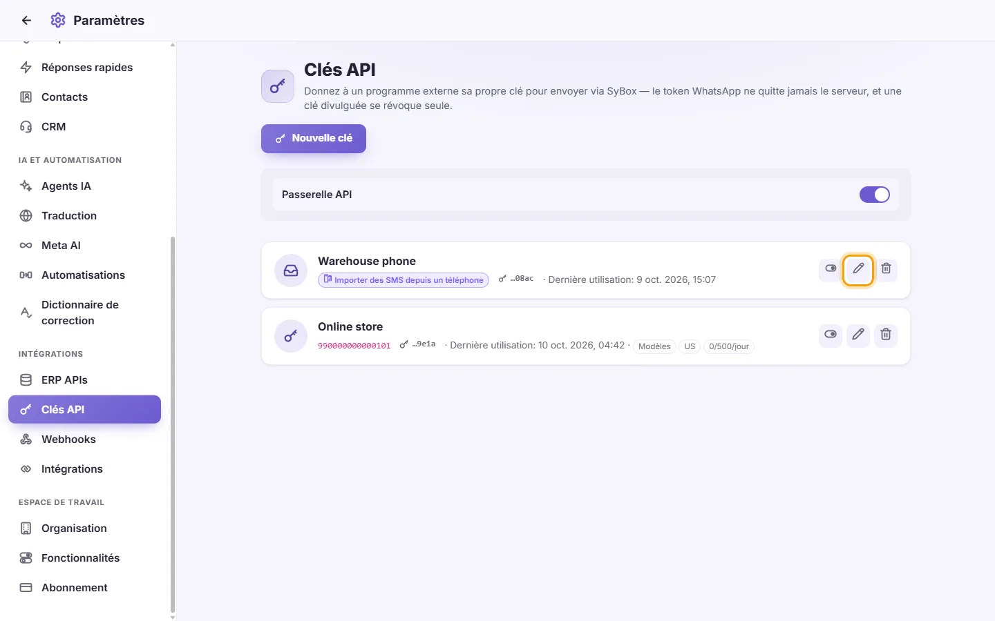 To change, pause or delete a key: "Edit" marked on the screen in SyBox