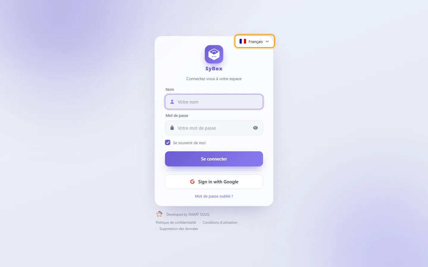 The sign-in page: the language button at the top