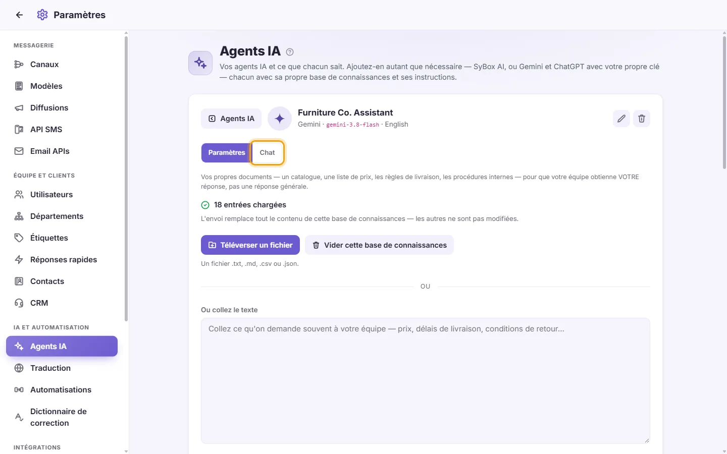 An agent's page: its "Chat" tab beside "Settings"
