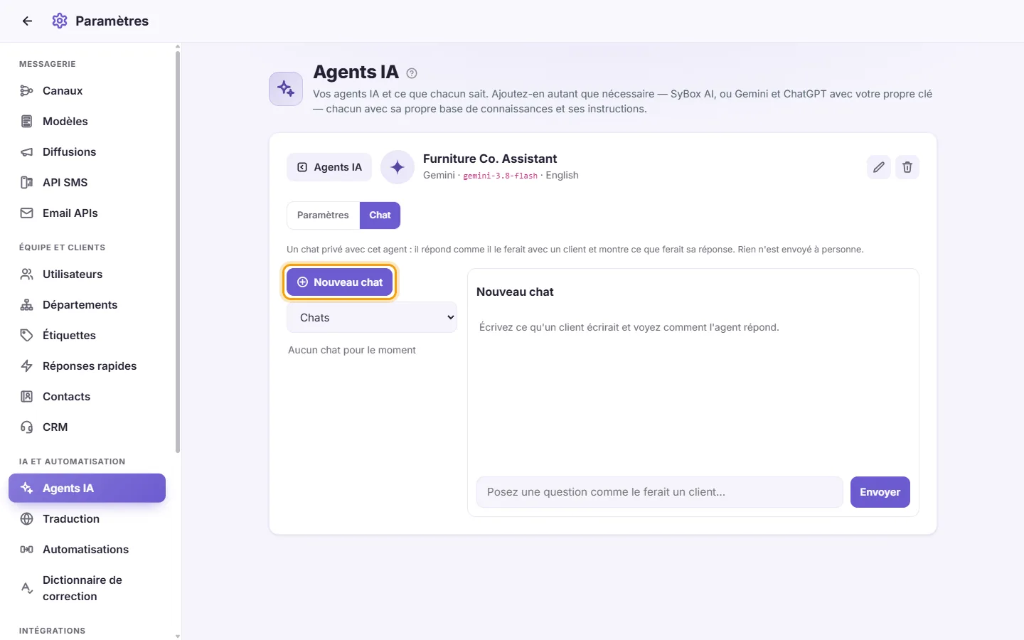 The agent's Chat: "New chat" and the list of your chats with it