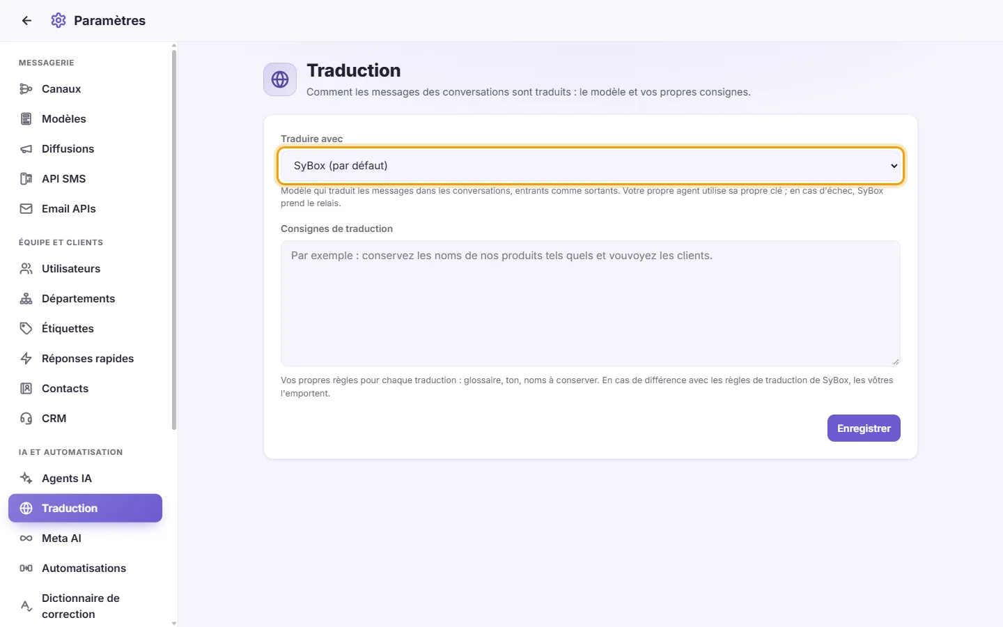 Settings, Translation: "Translate with" chooses who translates the messages