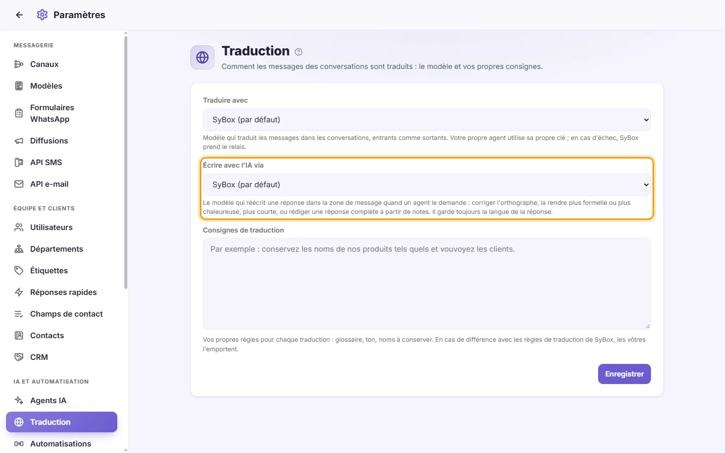 Translation settings: "Write with AI using"
