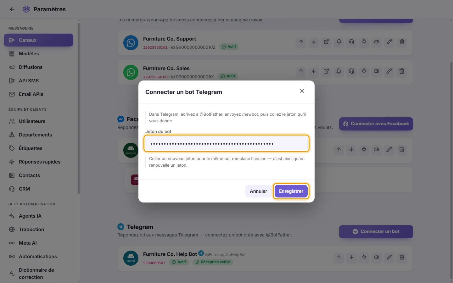 The "Connect a Telegram bot" window: the Bot token field with an example token, and the Save button