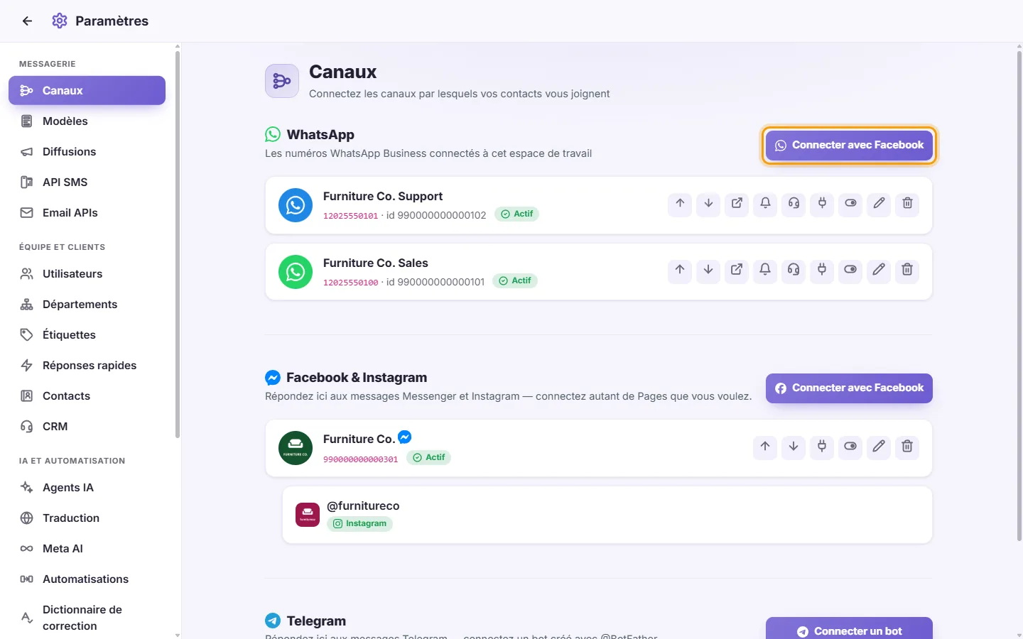 Settings, Channels: the WhatsApp part with its "Connect with Facebook" button and two connected numbers