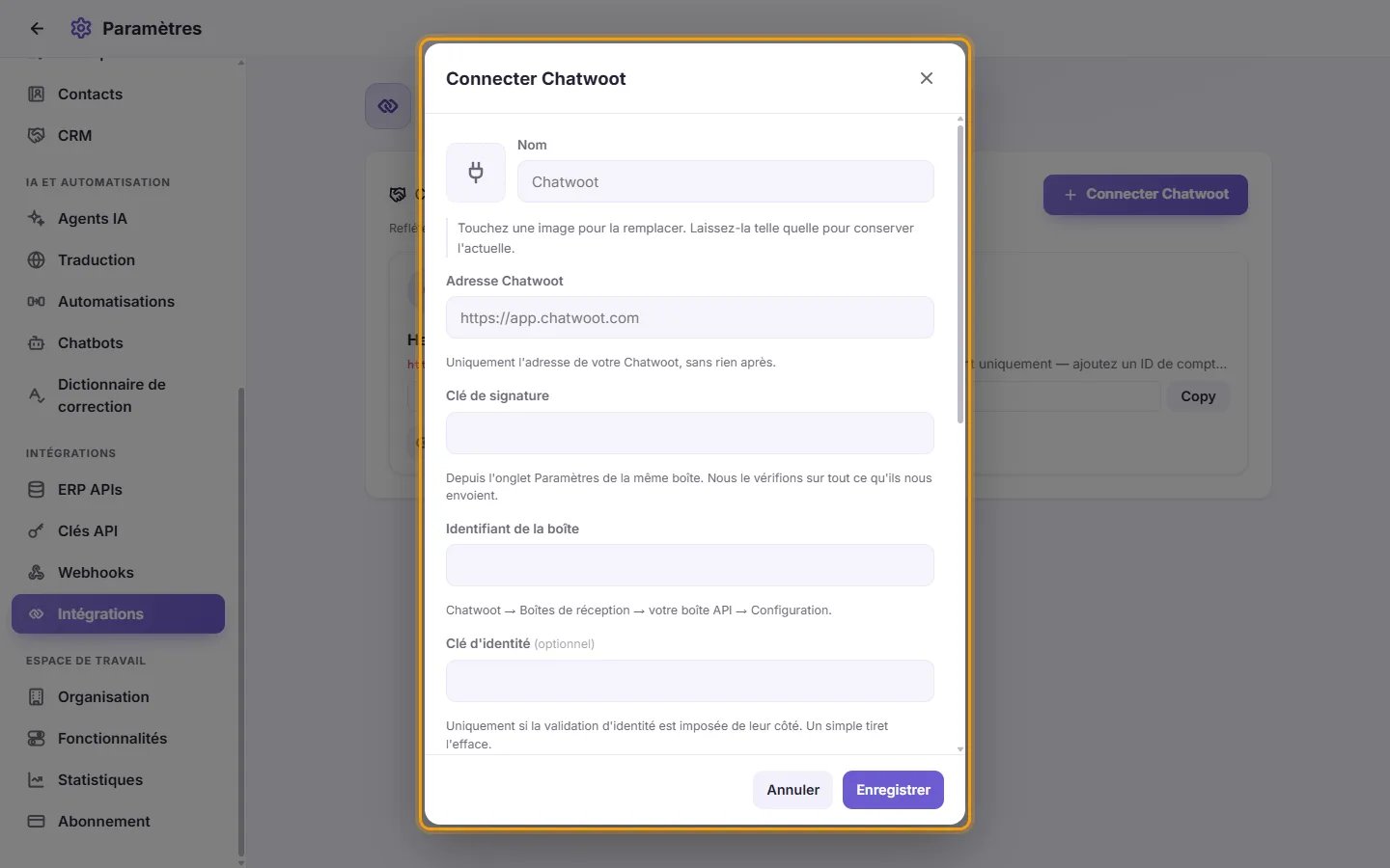 Connect Chatwoot: the address, the signing secret, the inbox identifier, the account ID and the administrator token, then the numbers
