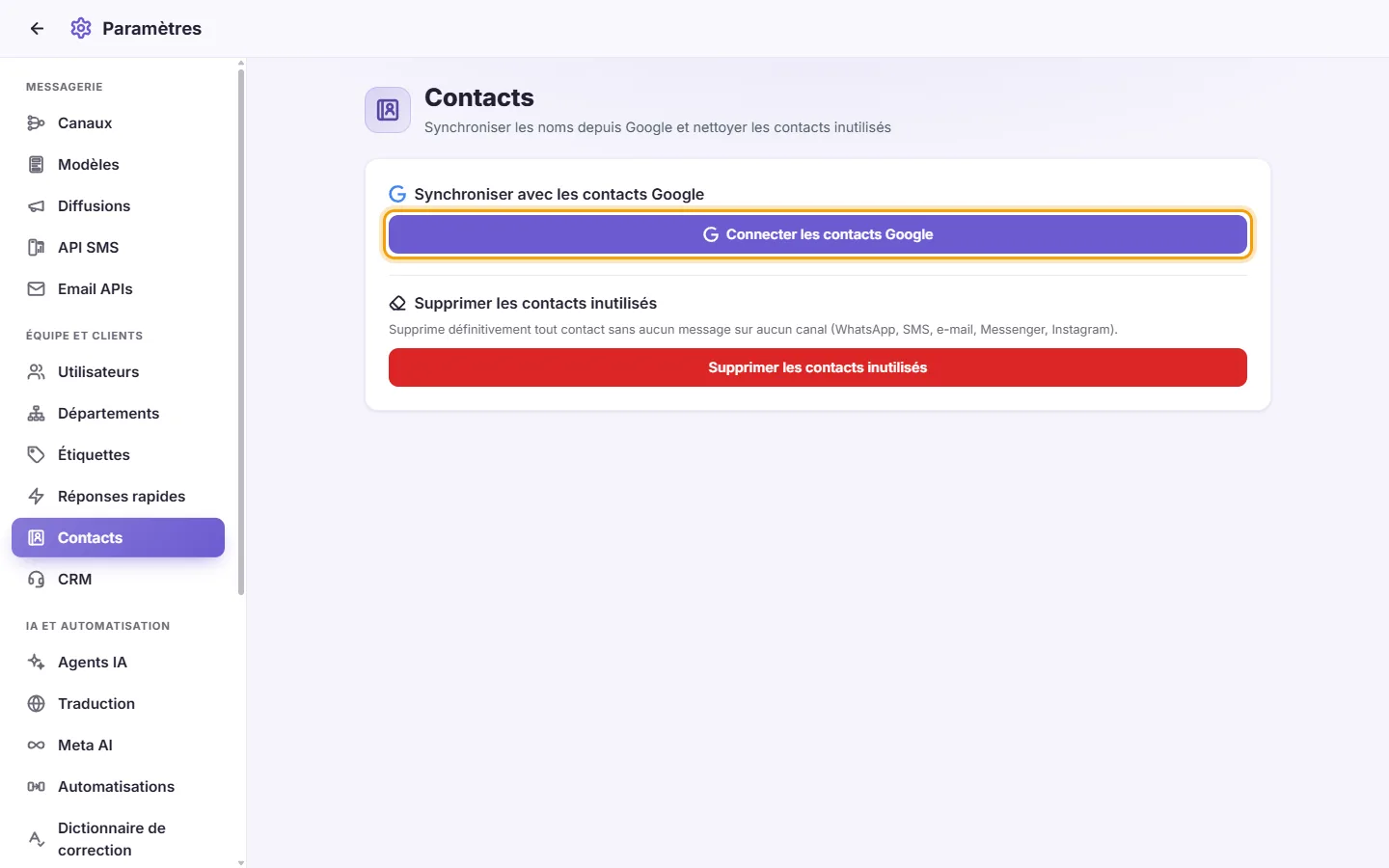 Settings, Contacts: the "Connect Google Contacts" button