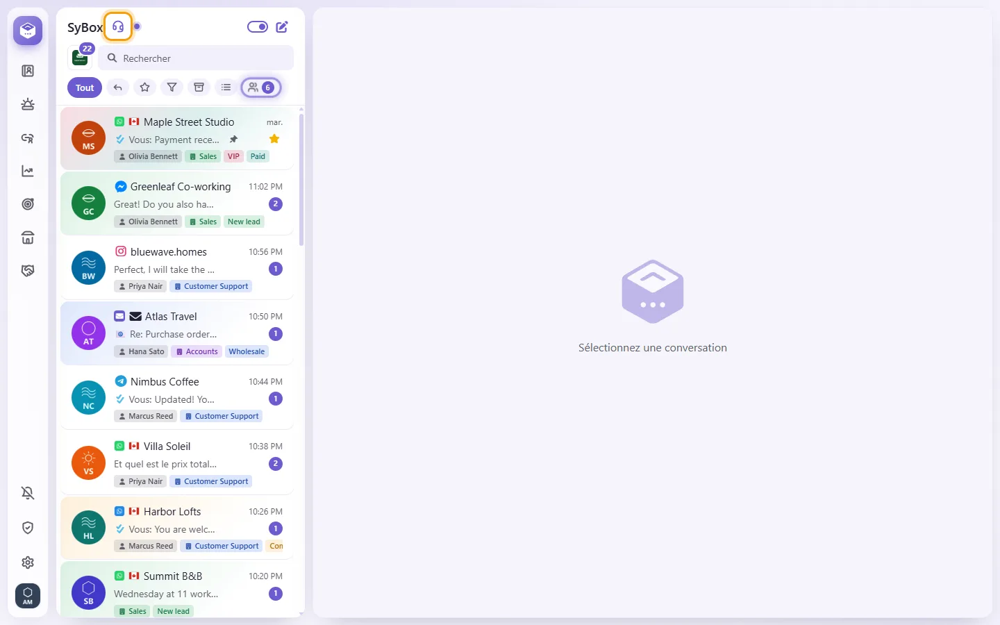 "Contact support": the headset after the workspace's name, above the conversation list