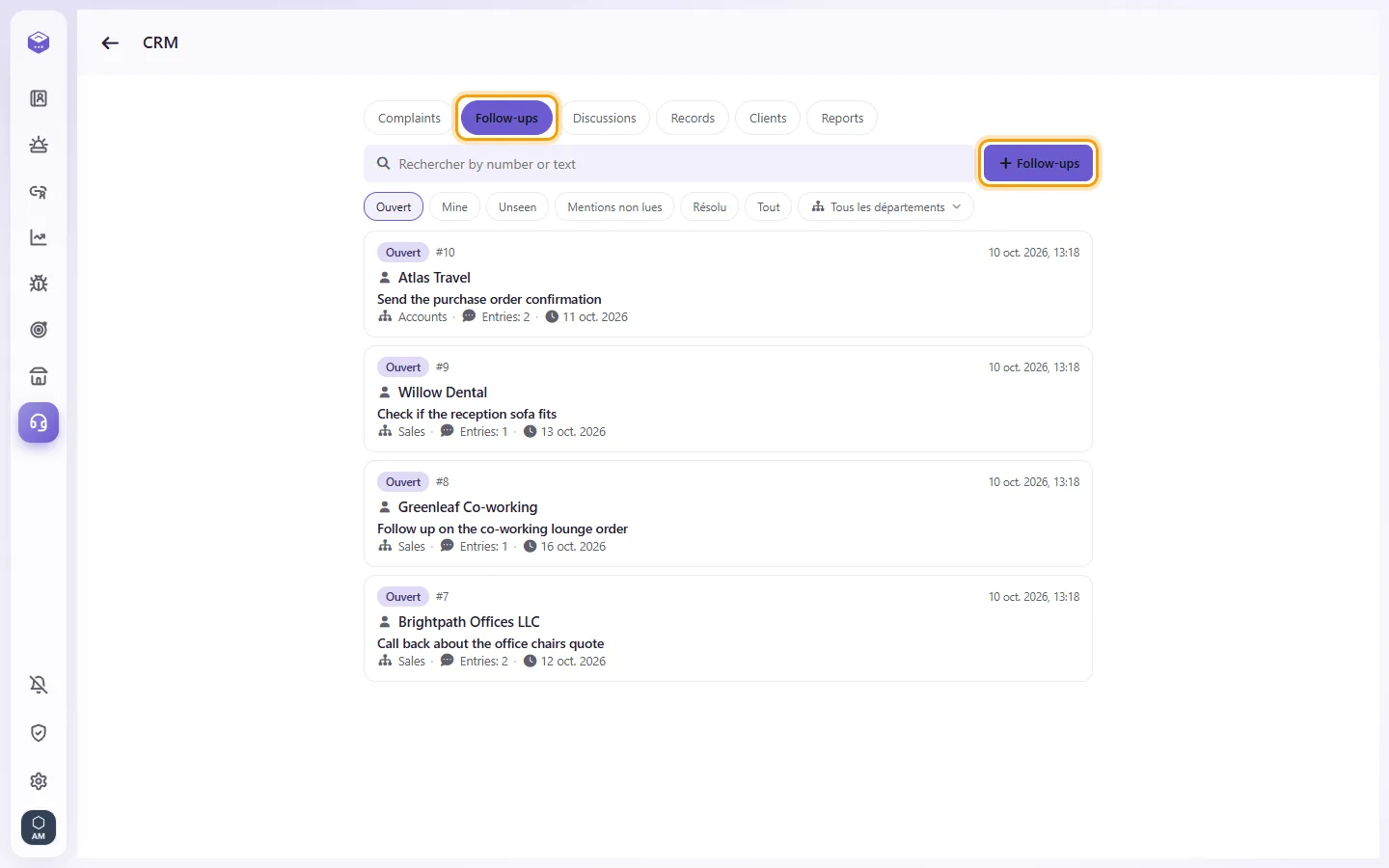 CRM, Follow-ups: the open follow-ups and the "+" button that adds one