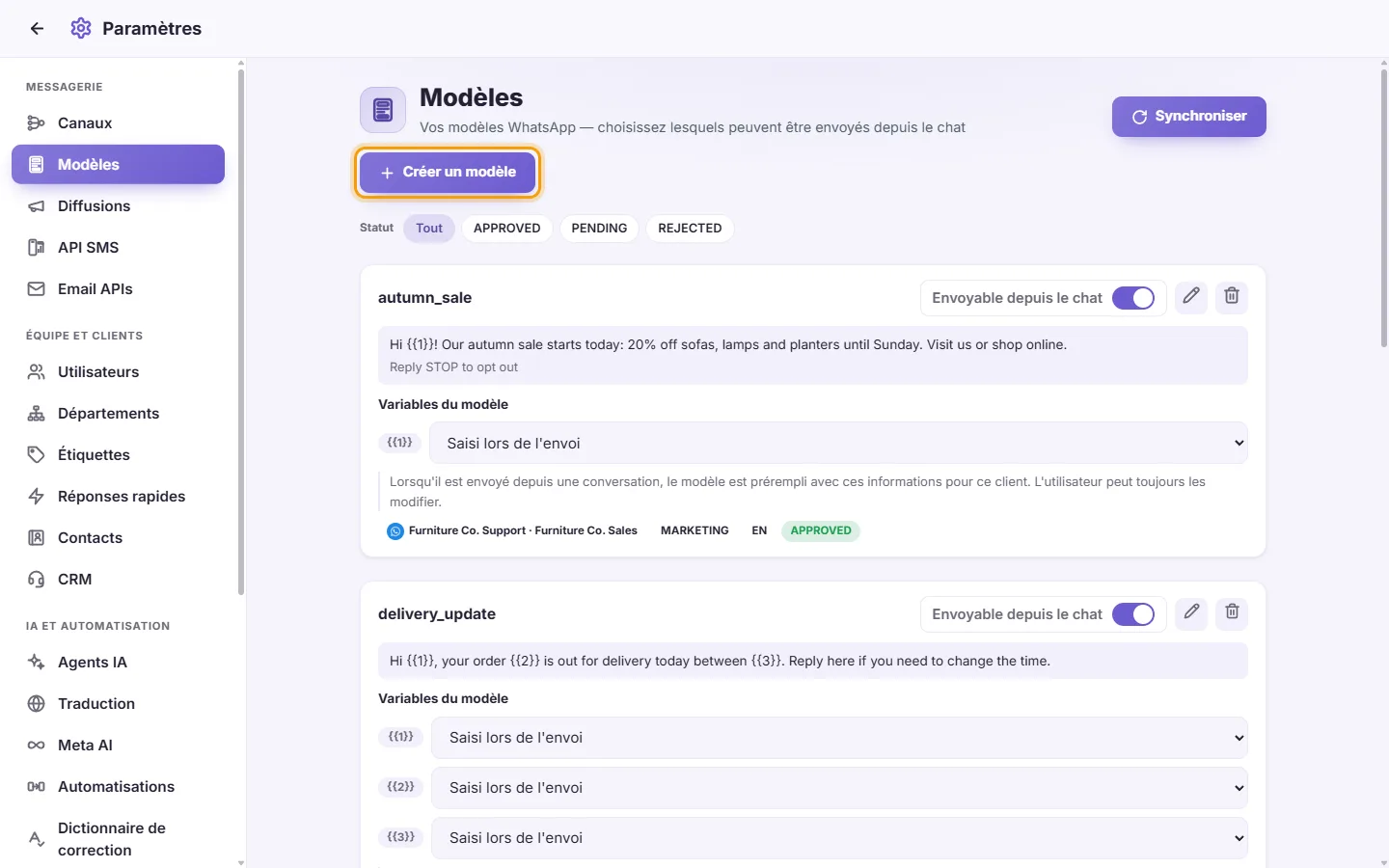 Settings, Templates: the template cards, the filters for their status, and the "Create template" button