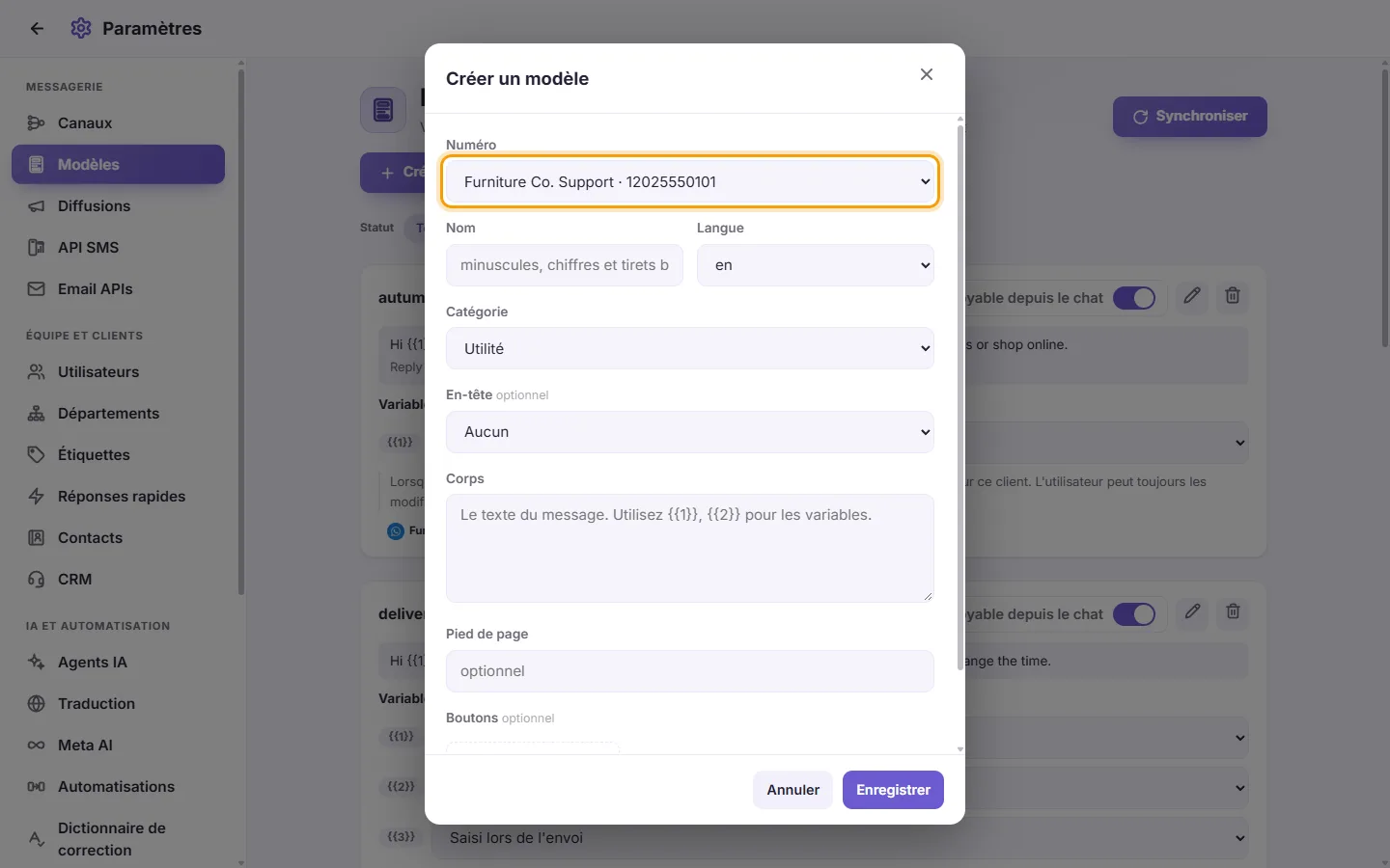 The new template form: the number it belongs to first, then its name, category, language and content