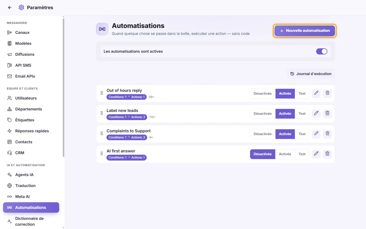 Settings, Automations: rules that run on their own, with their runs, and the "New automation" button