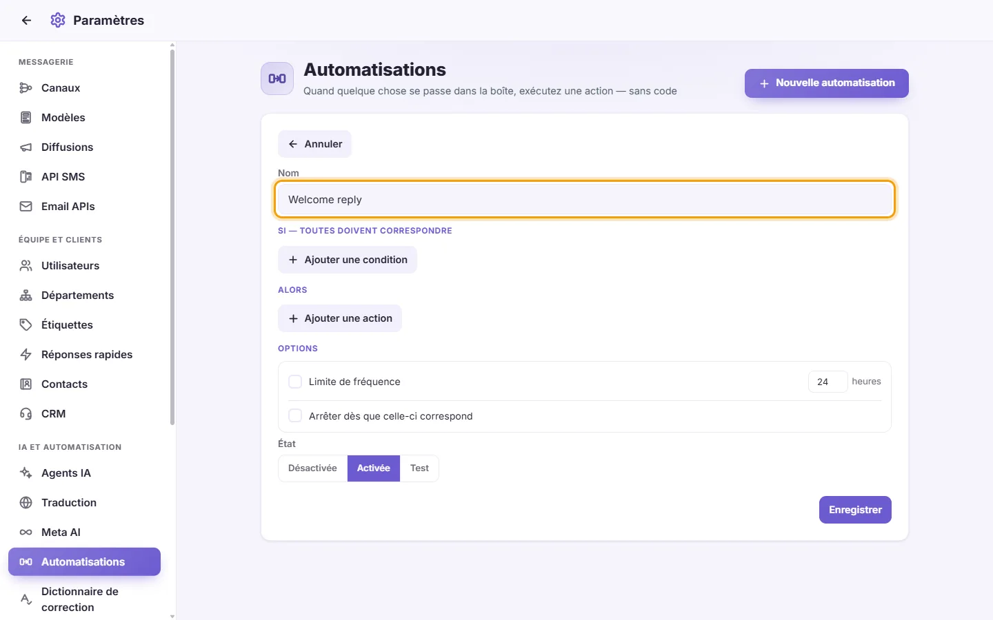 The new automation: its name first ("Welcome reply"), then when it runs, its conditions and its actions