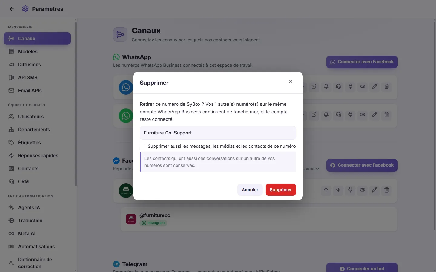 The question SyBox asks before it deletes a number, with the option to erase its messages too