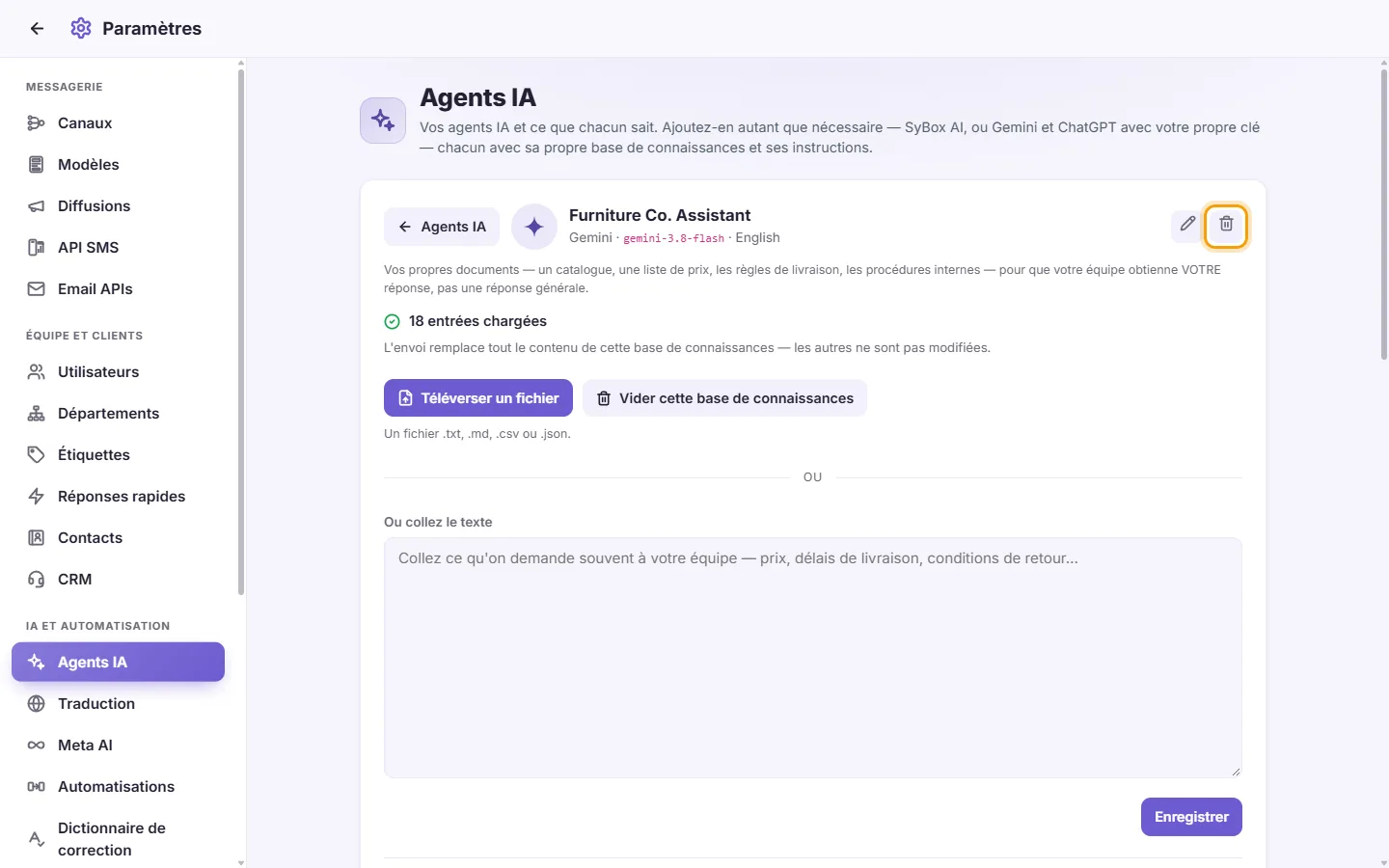 An agent's page: the trash next to its name deletes it
