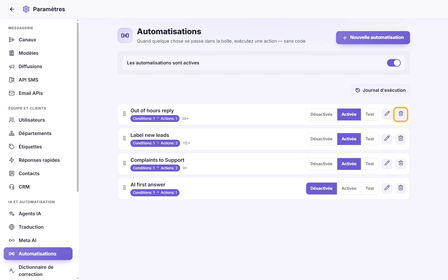 To delete an automation: "Delete" marked on the screen in SyBox