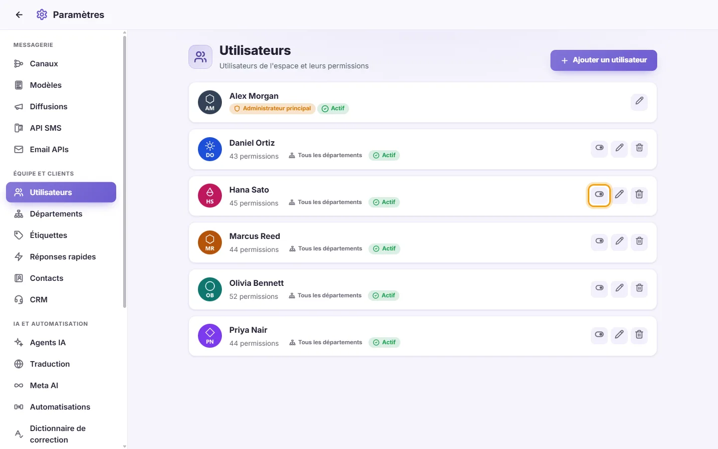 Settings, Users: the Enable / Disable switch on a user's card