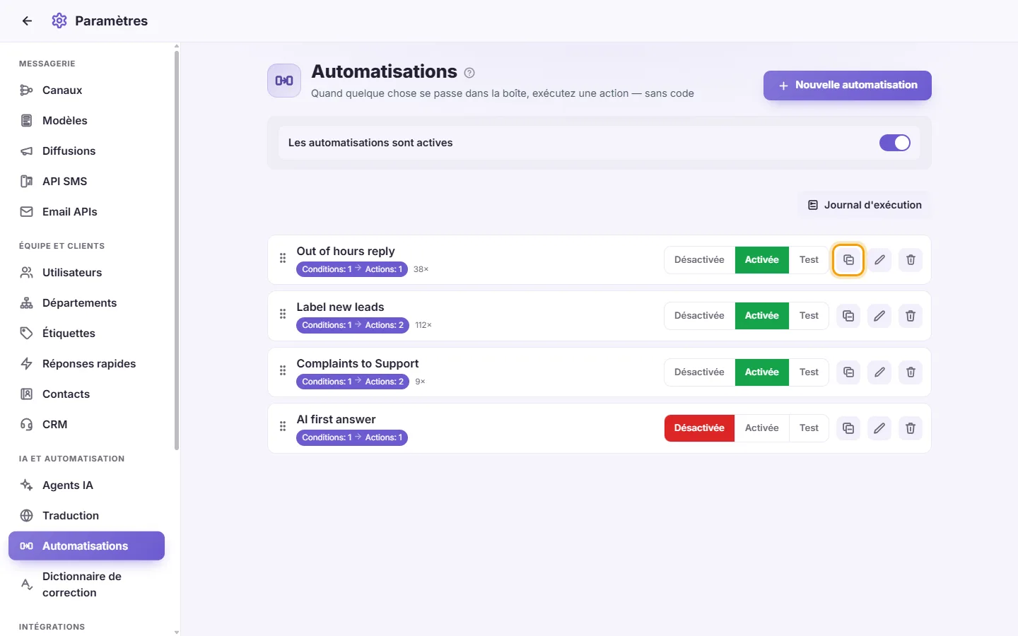 Settings, Automations: "Duplicate" (the copy icon) on an automation's row