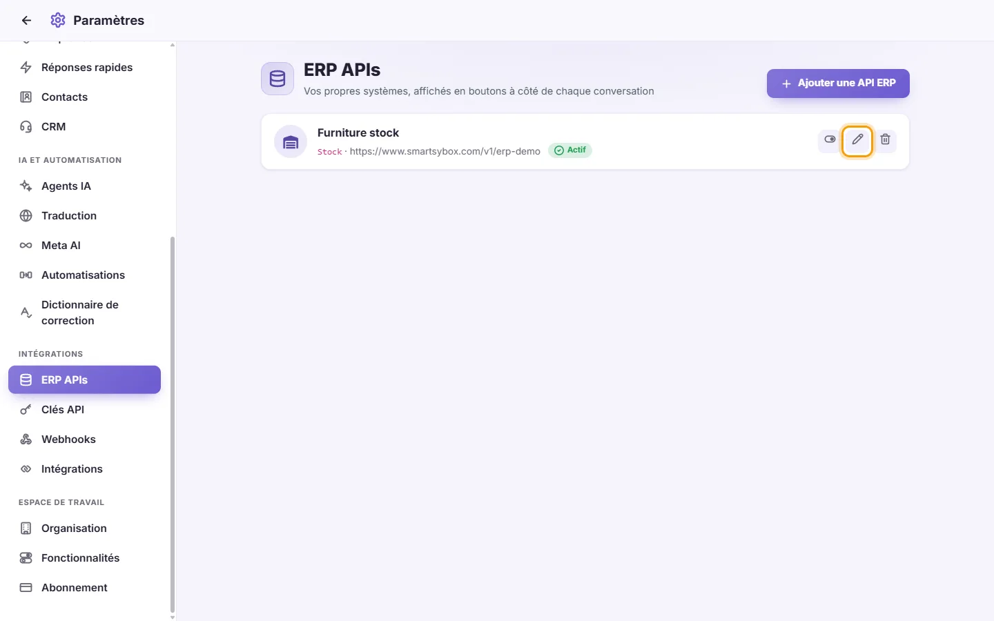 To edit, pause or delete an ERP API: "Edit" marked on the screen in SyBox