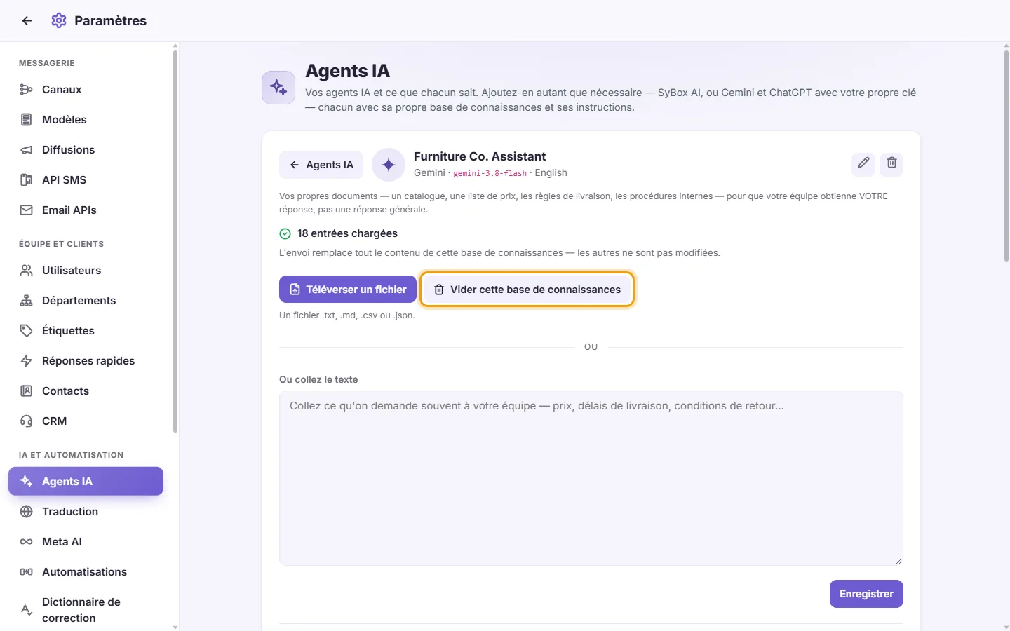 An agent's page: "Clear this knowledge base" (it works once something is loaded)