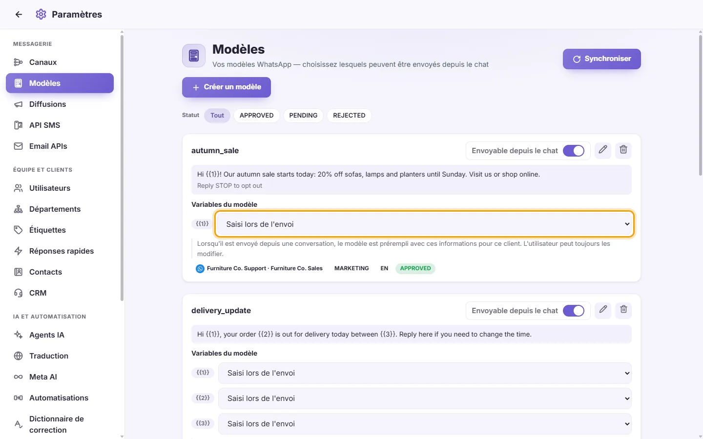 A template card: the source that fills {{1}} when the template is sent from a conversation