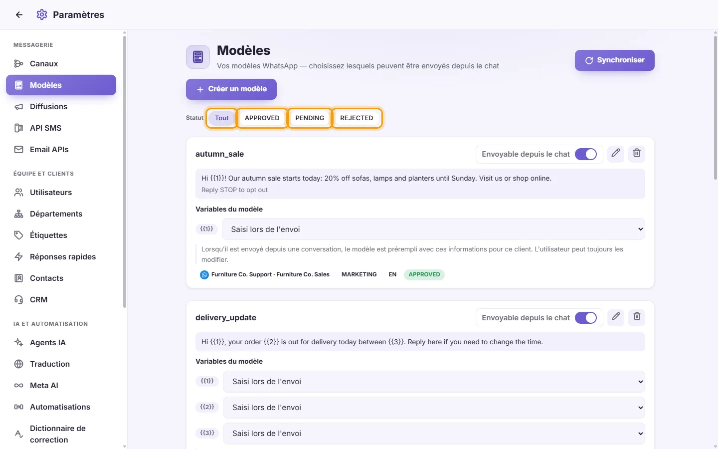 Settings, Templates: the filters All, APPROVED, PENDING and REJECTED above the cards