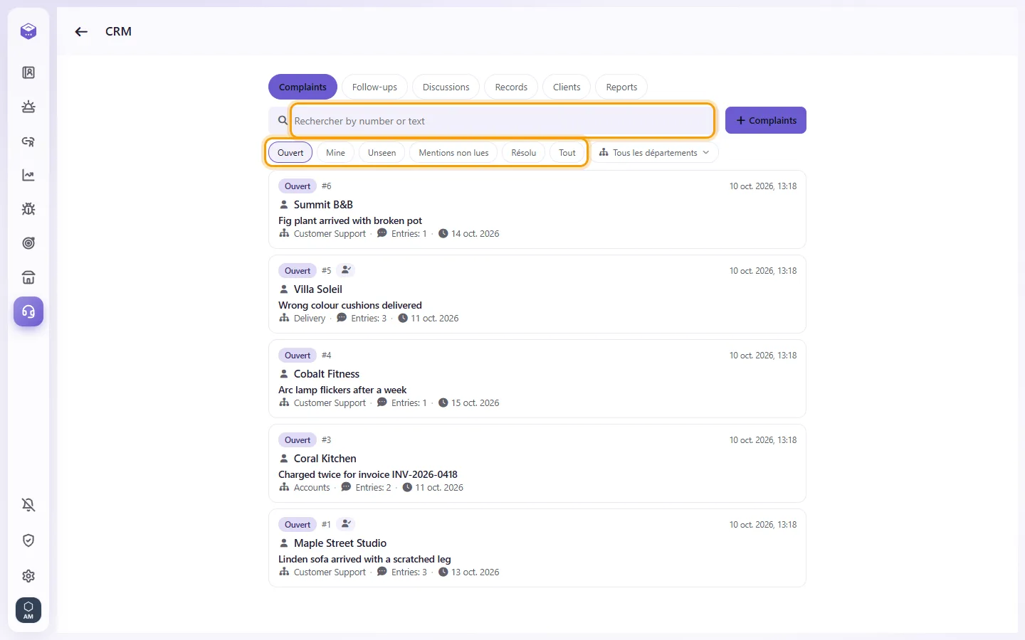 CRM: the search box (a case number or words) and the filters Open, Mine, Unseen, Unread mentions, Solved and All