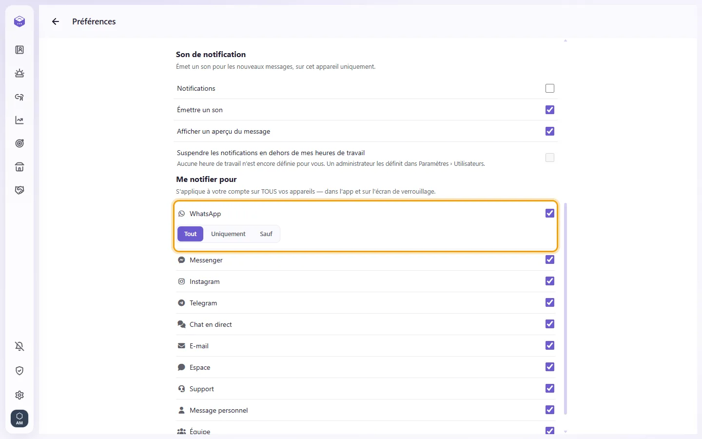 Preferences, Notify me about: a channel's All / Only / Except