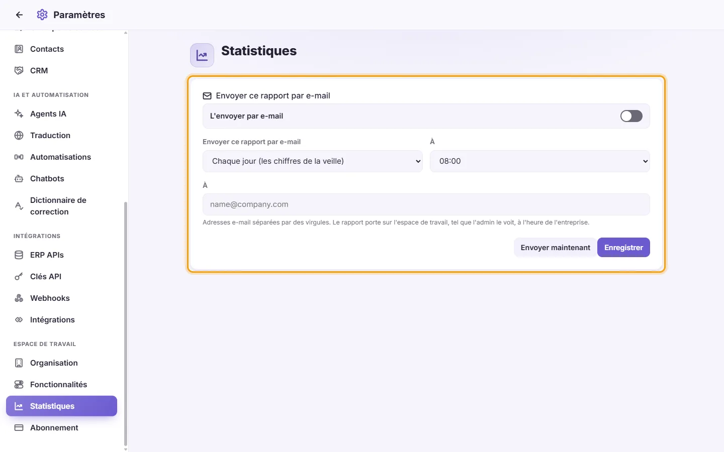 Settings, Analytics: "Email this report", daily or weekly, the hour, To, Save and Send now