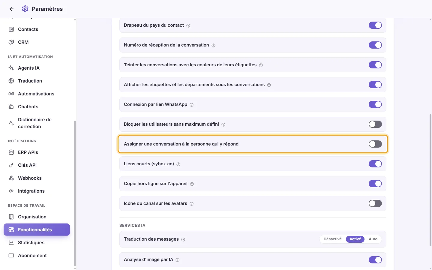 Settings, Features: "Assign a conversation to whoever replies in it"