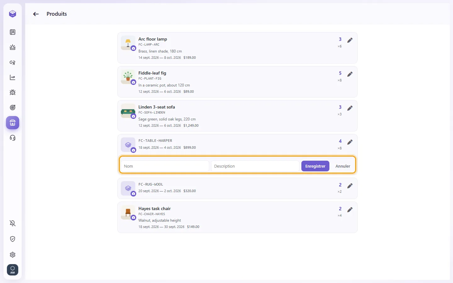 Products: the item's Edit form with its Name and Description boxes and the Save button