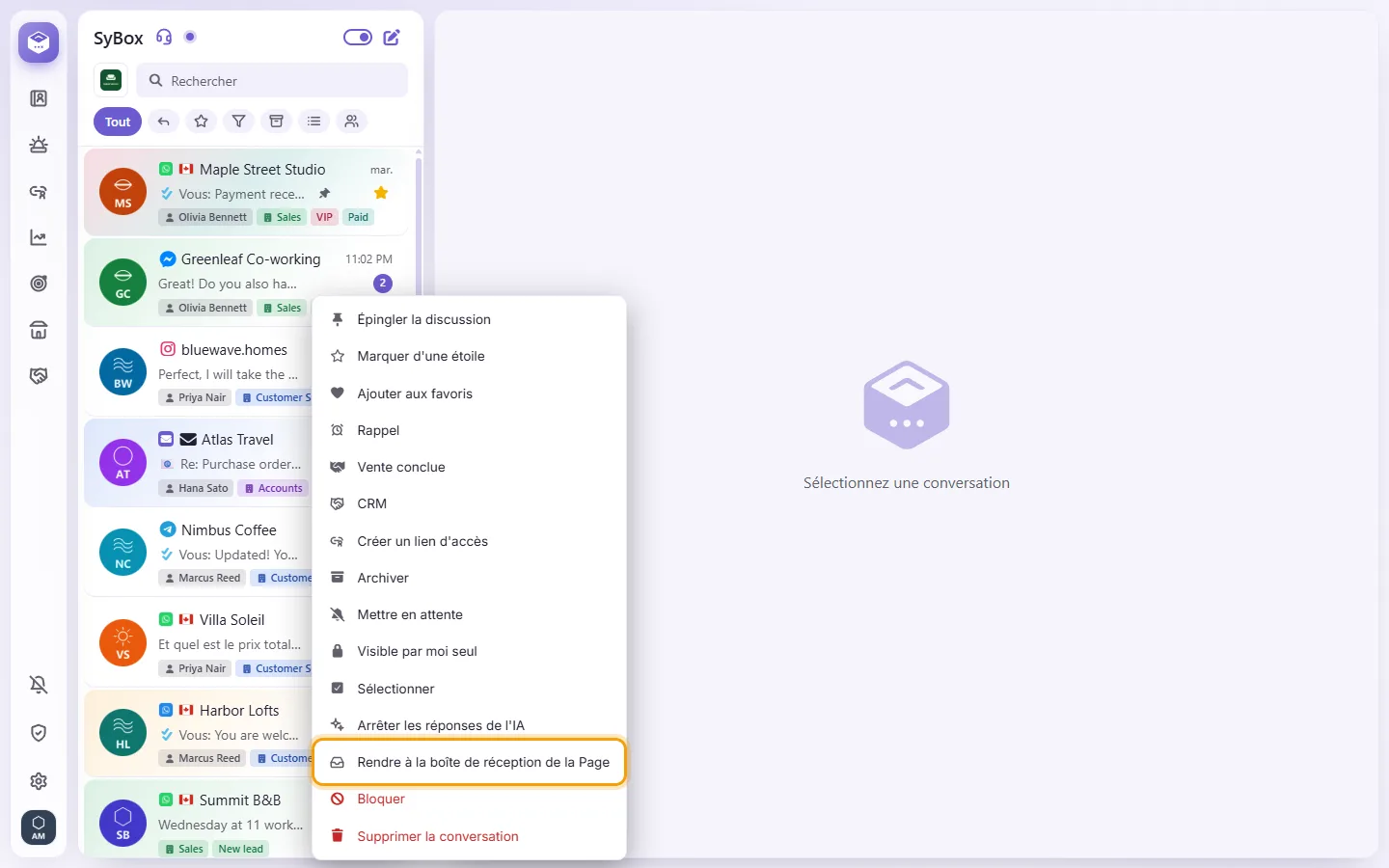 A Messenger conversation's menu: "Hand back to the Page inbox"