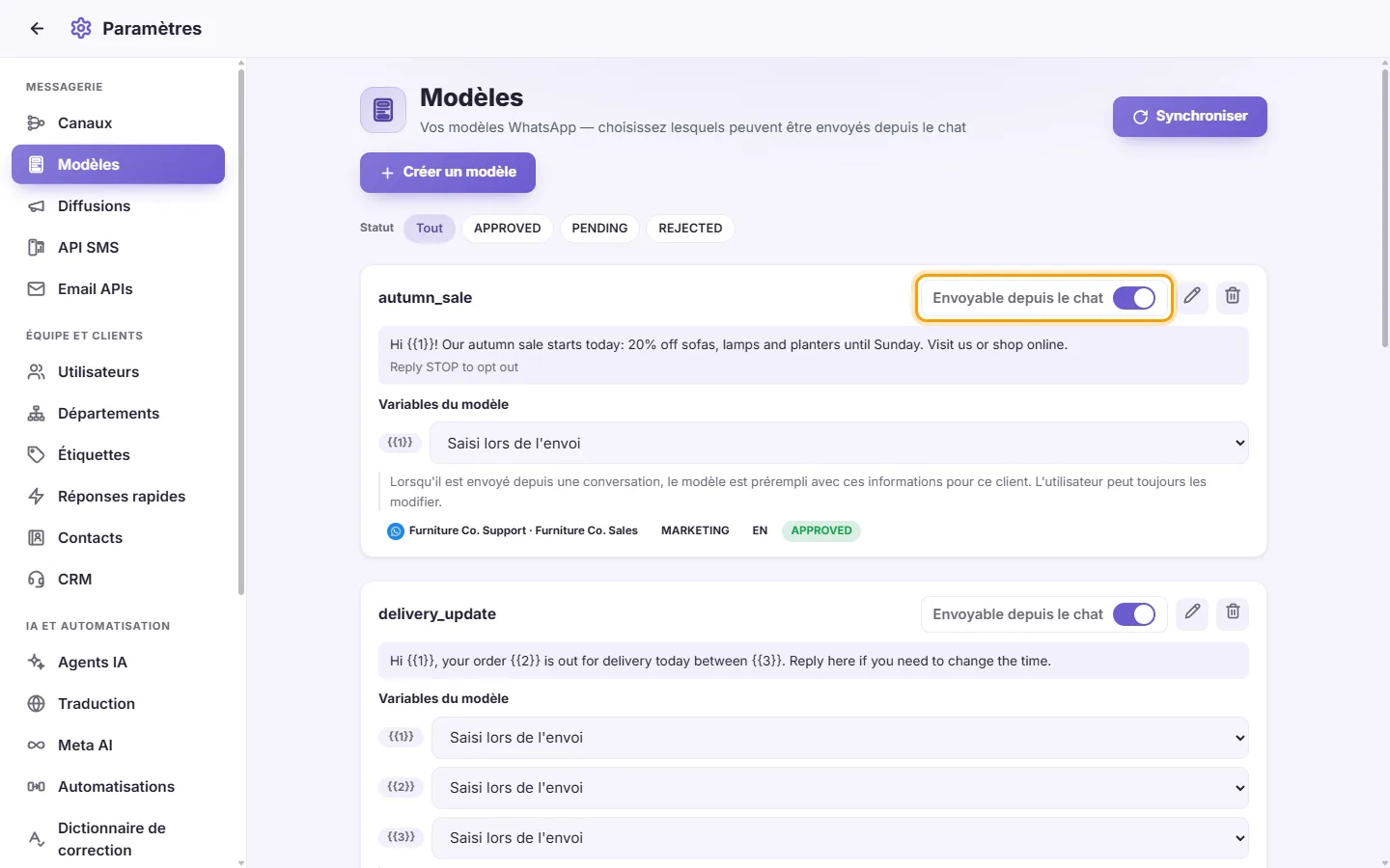 To let the team send a template from conversations: "Sendable from chat" marked on the screen in SyBox