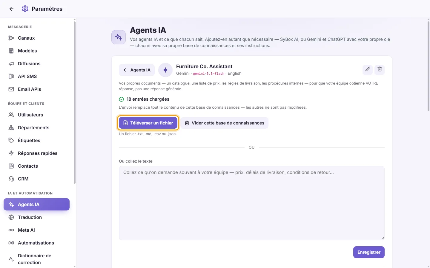 An agent's page: the "Upload a file" button for its knowledge base