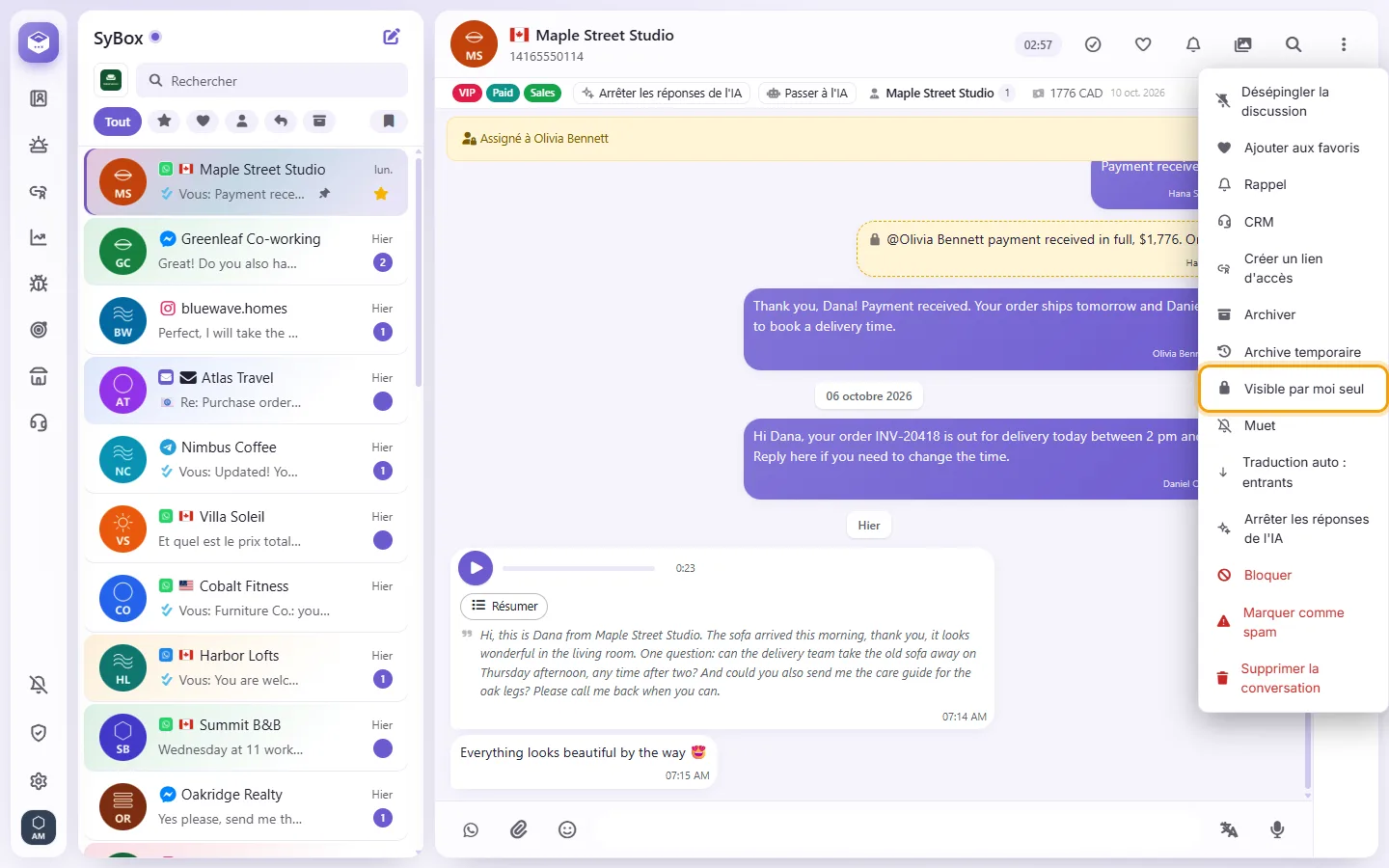 To make a conversation visible to you only: "Visible to me only" marked on the screen in SyBox