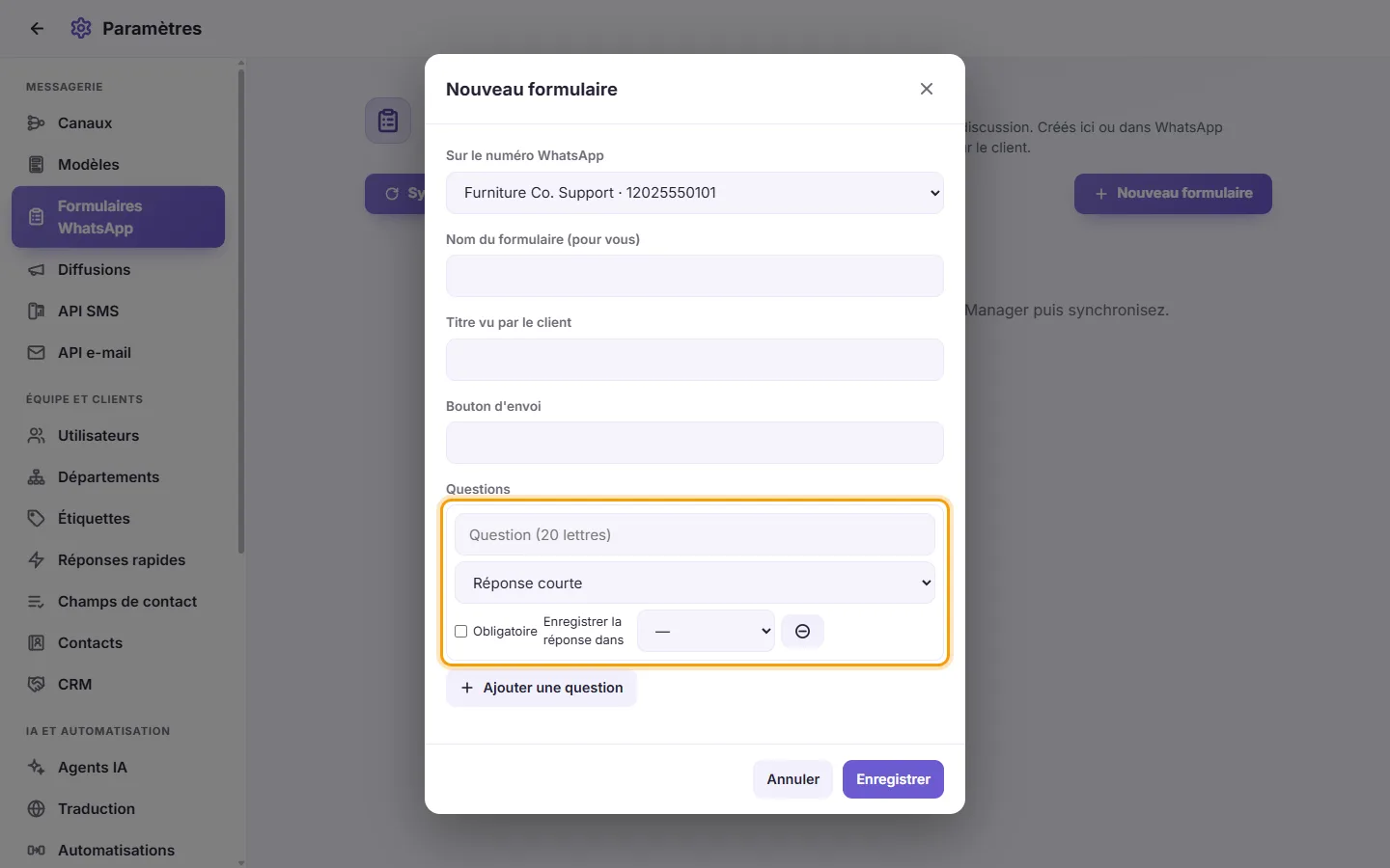 A WhatsApp form's questions: the question, its kind, Required and "Save the answer in"