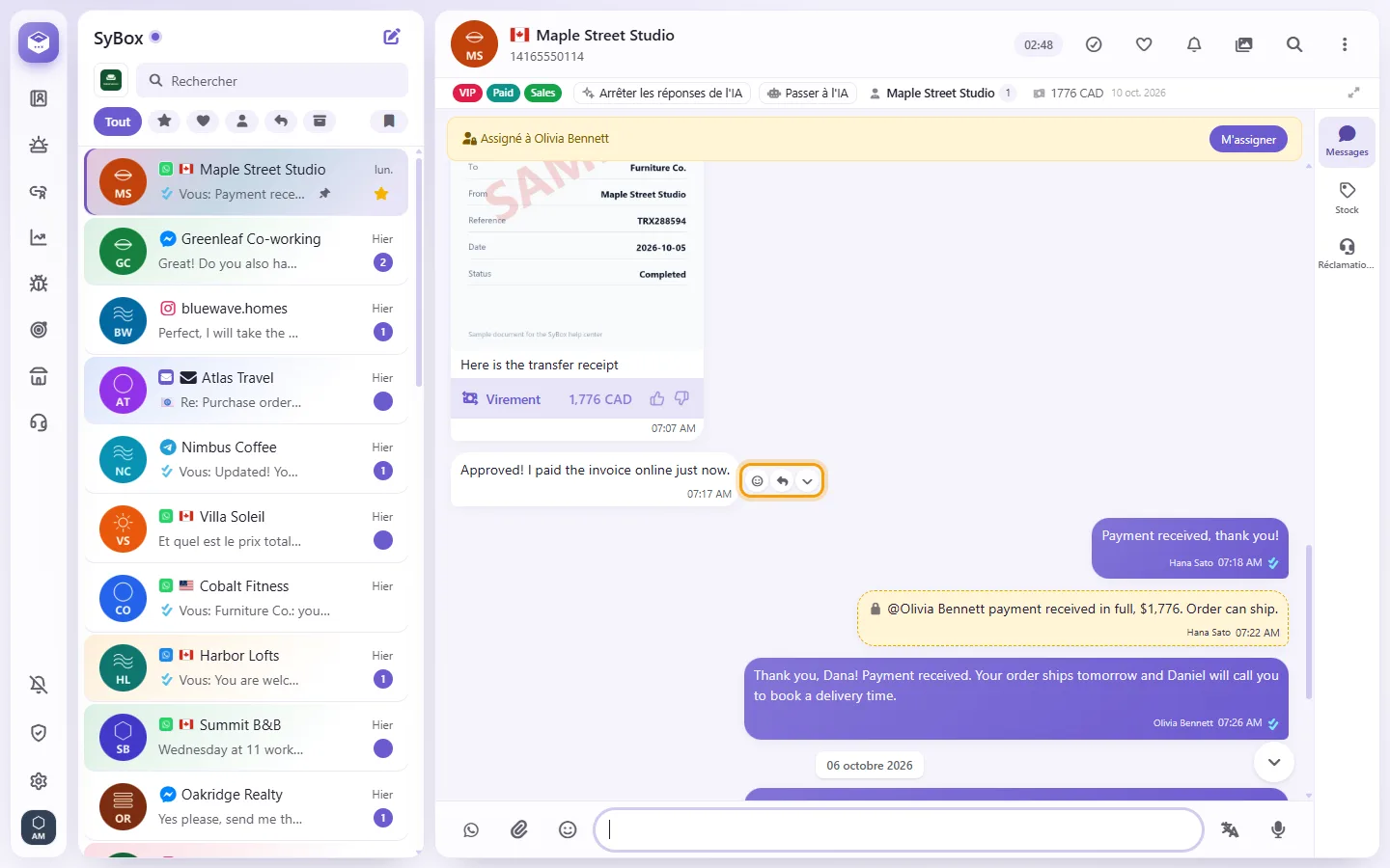 Pointing at a message shows its actions: React, Reply and More