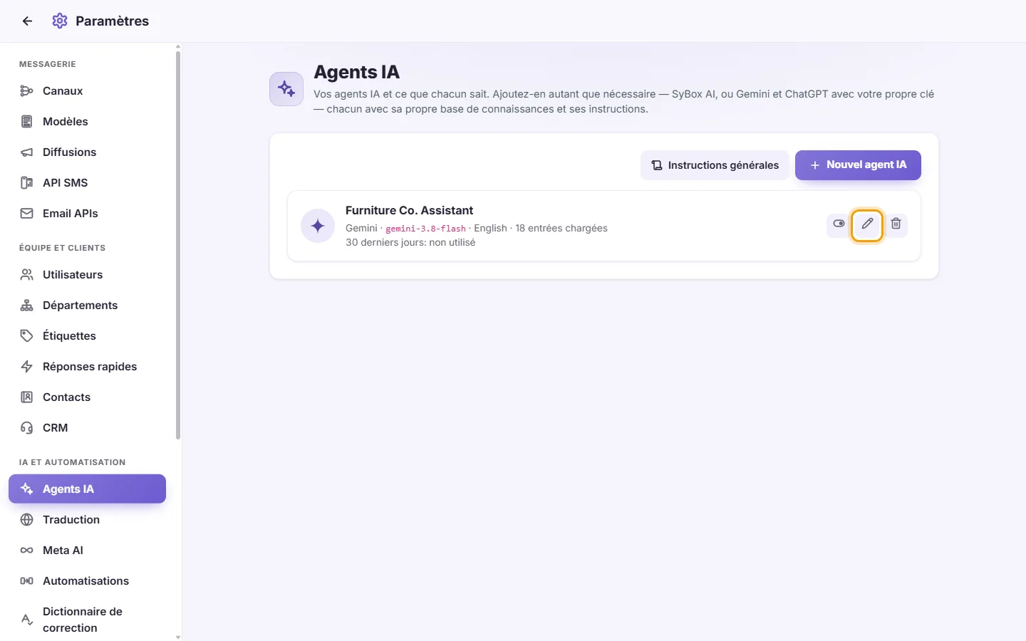 Settings, AI Agents: the pen on an agent's card opens its page