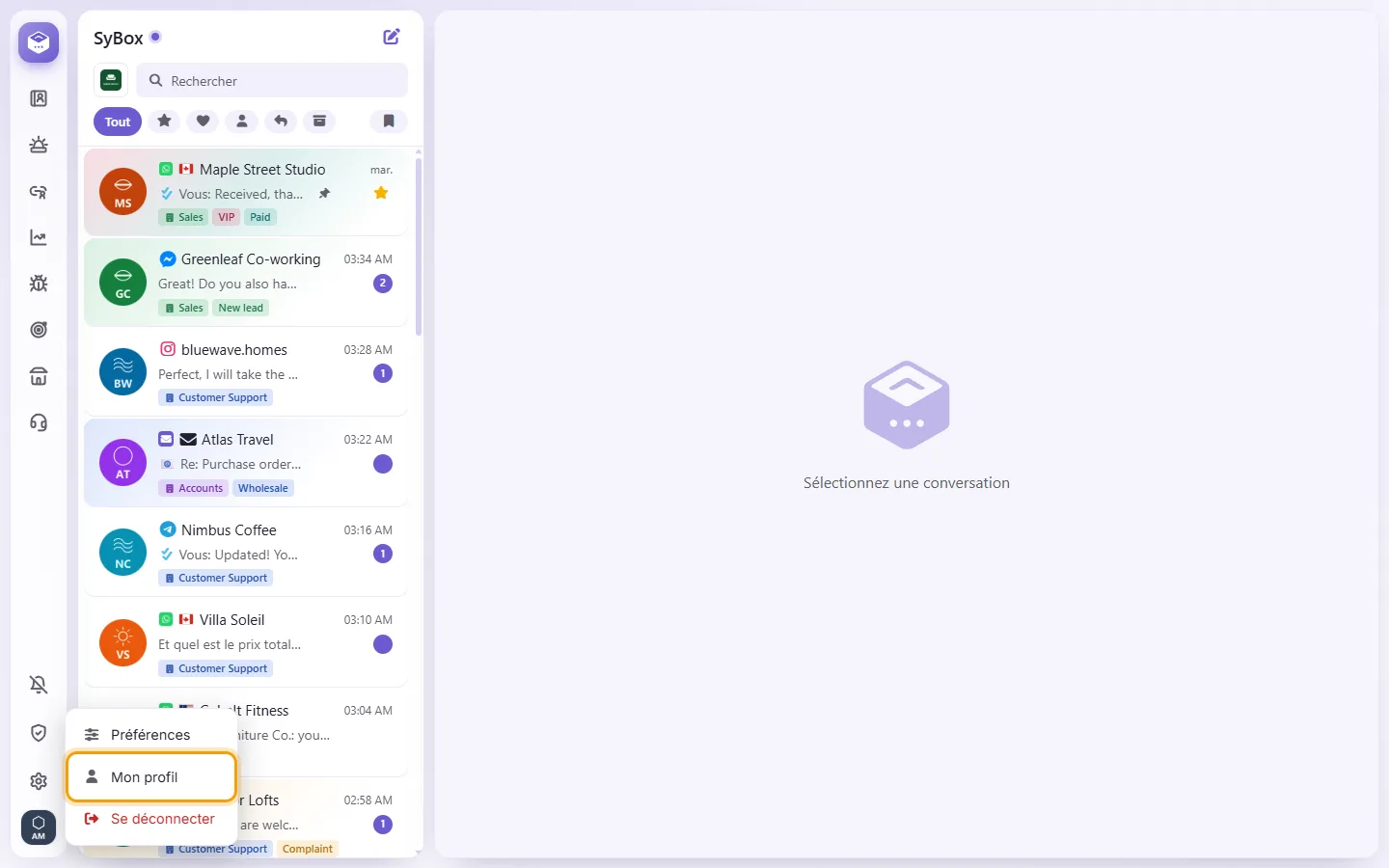 The menu under your picture at the bottom of the left bar, with "My profile"