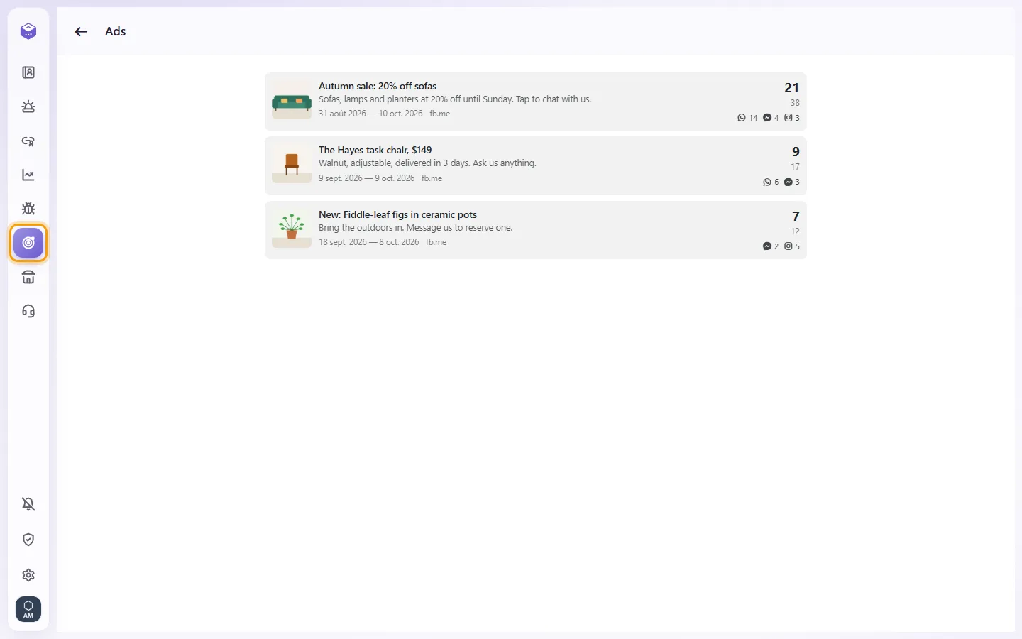 Ads: each ad that brought people in, with the messages and leads it brought on WhatsApp, Messenger and Instagram