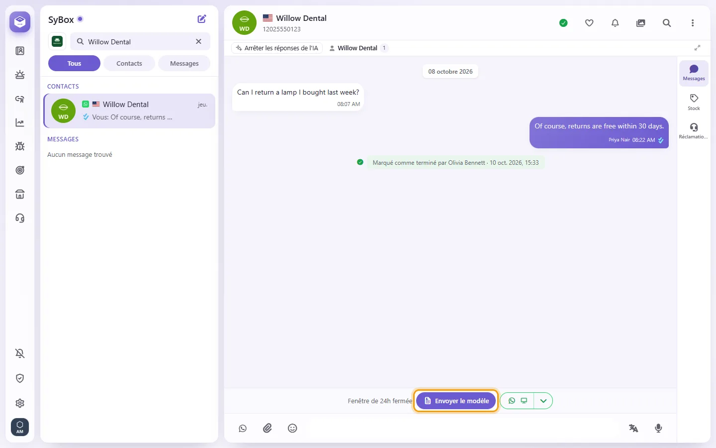 To reach the customer when the window is closed: "Send template" marked on the screen in SyBox