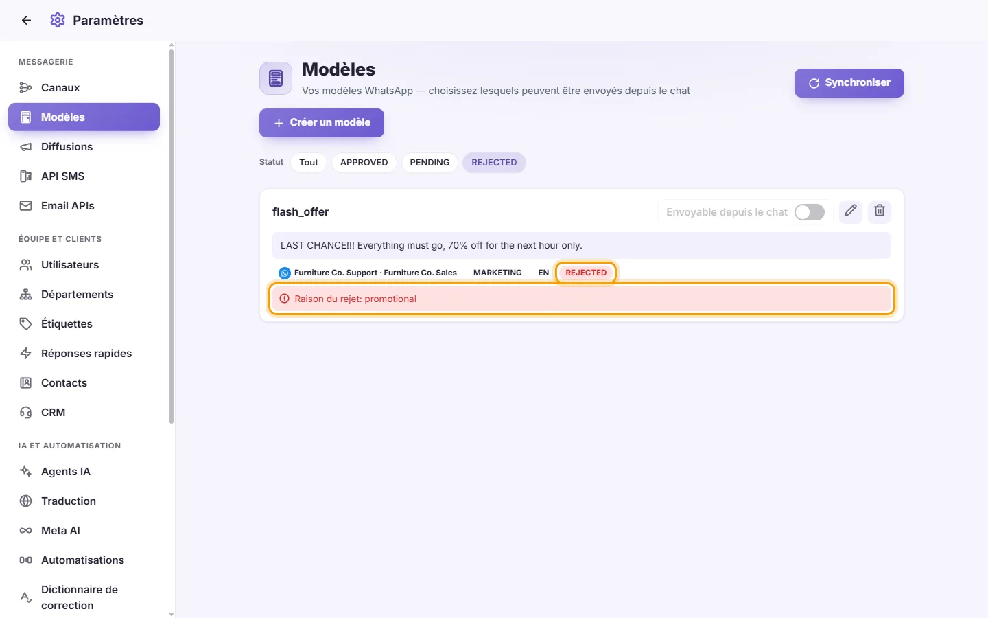 A rejected template card: its status in red and "Rejection reason: …"