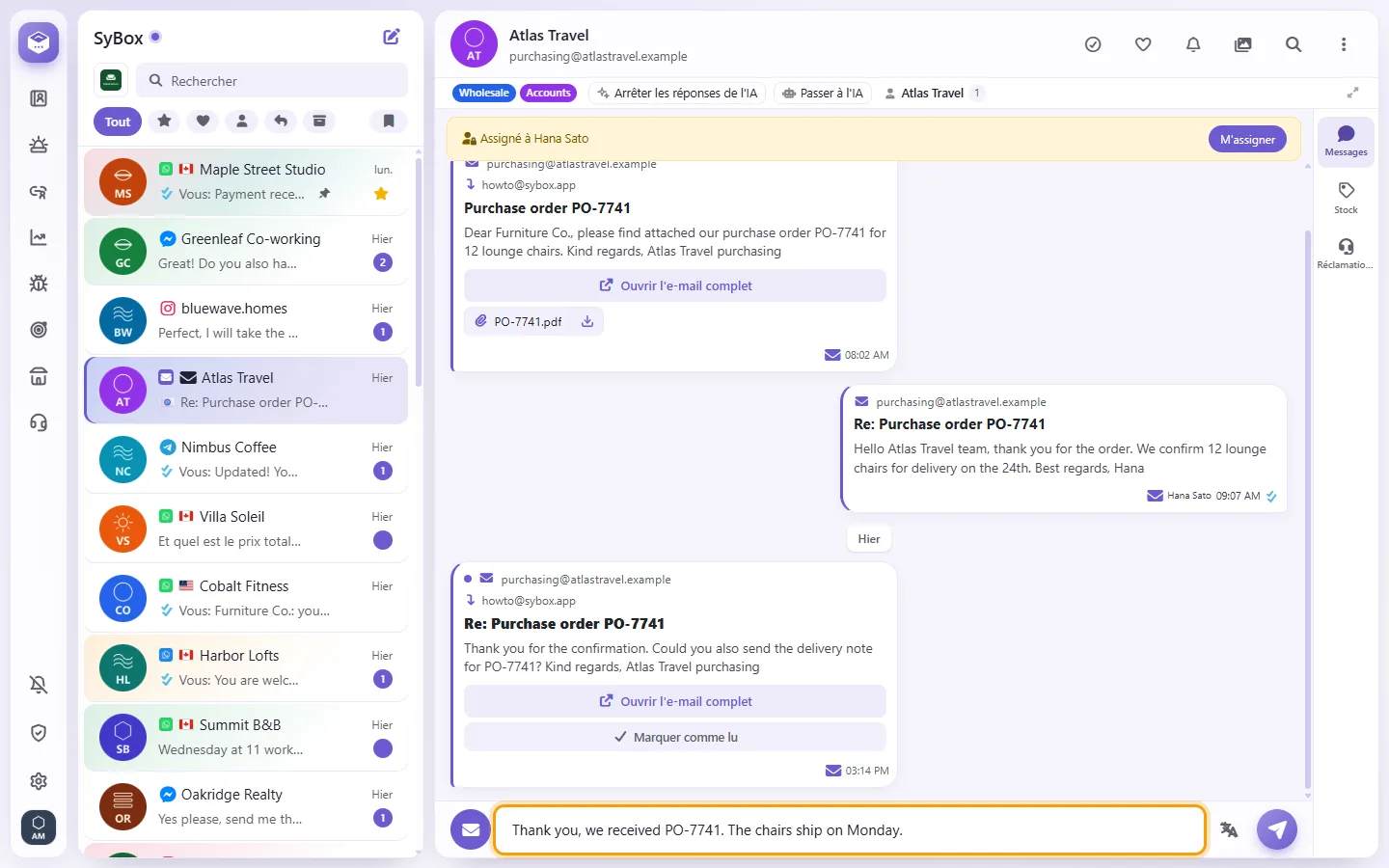 An email conversation: the reply typed in the box at the bottom, sent as an email