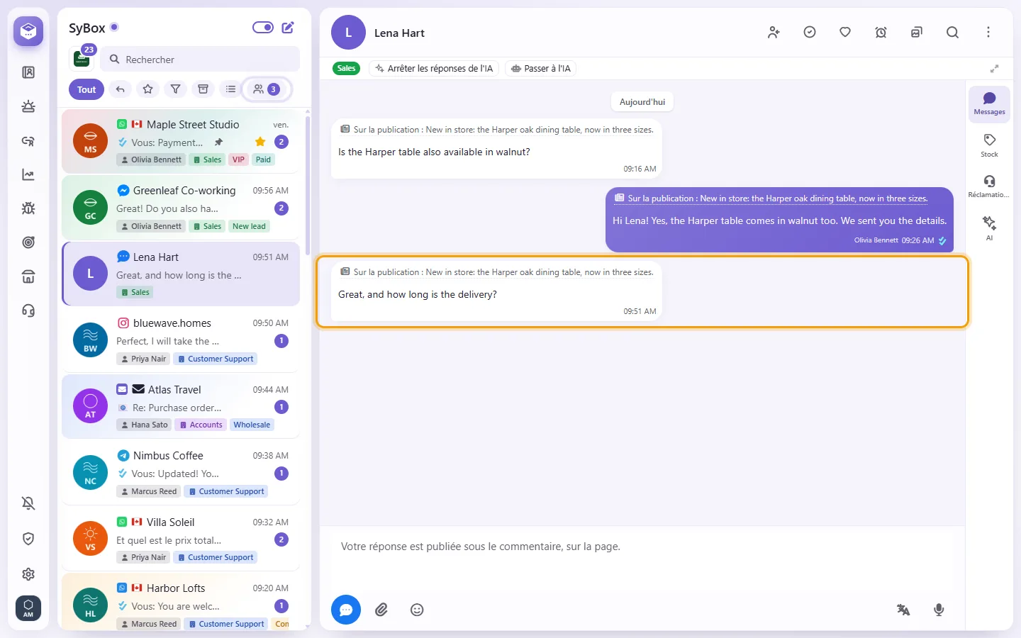 A comment from the Page's post in the inbox: "On post:" with the post's first words, and "View post"
