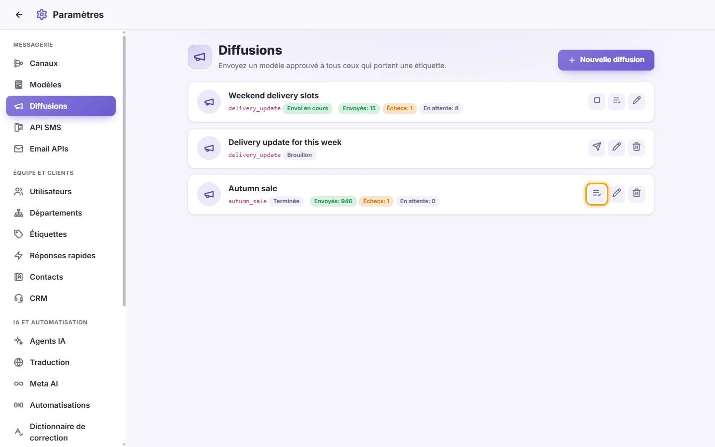 Settings, Broadcasts: the Results button on a finished broadcast