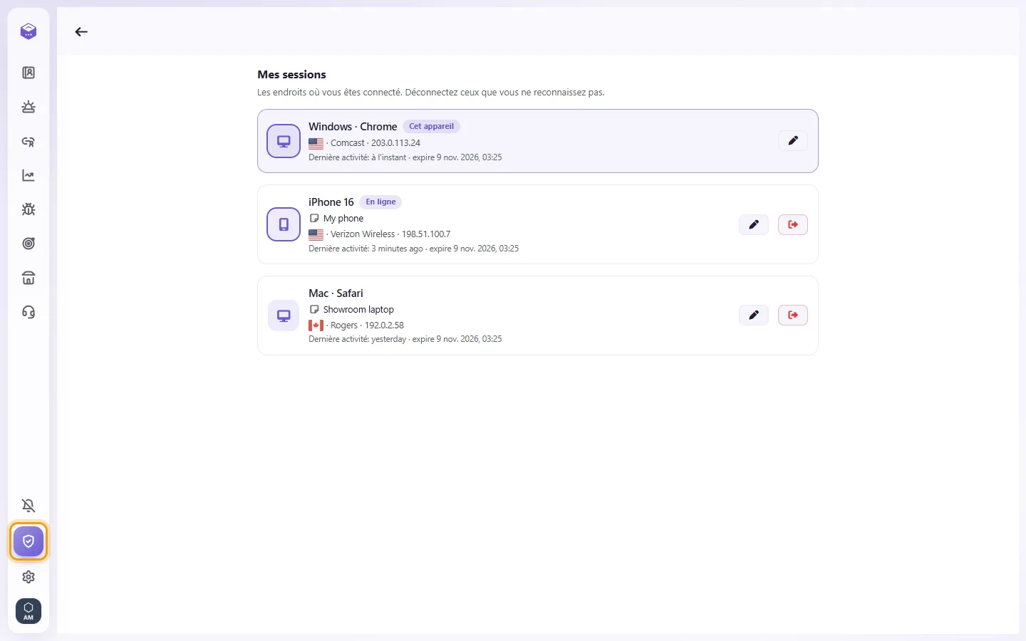 My sessions: every device you are signed in on, with where it is and when it was last active