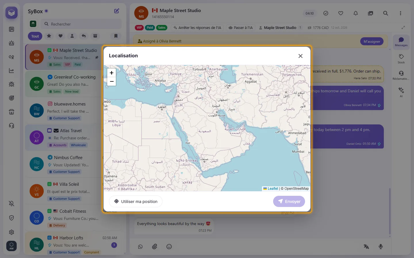 The Location window: a map with a pin, "Use my location" and Send